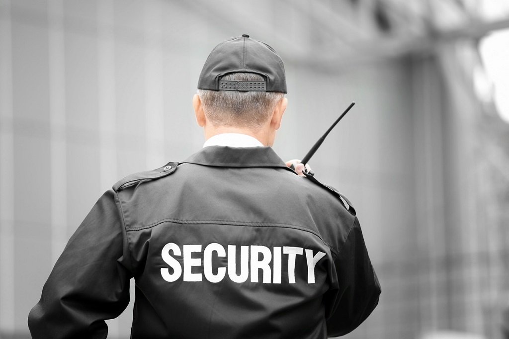 A security guard standing guard at a building entrance.